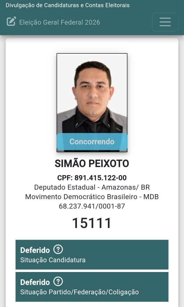É OFICIAL: Justiça Eleitoral defere candidatura de Simão Peixoto a deputado estadual